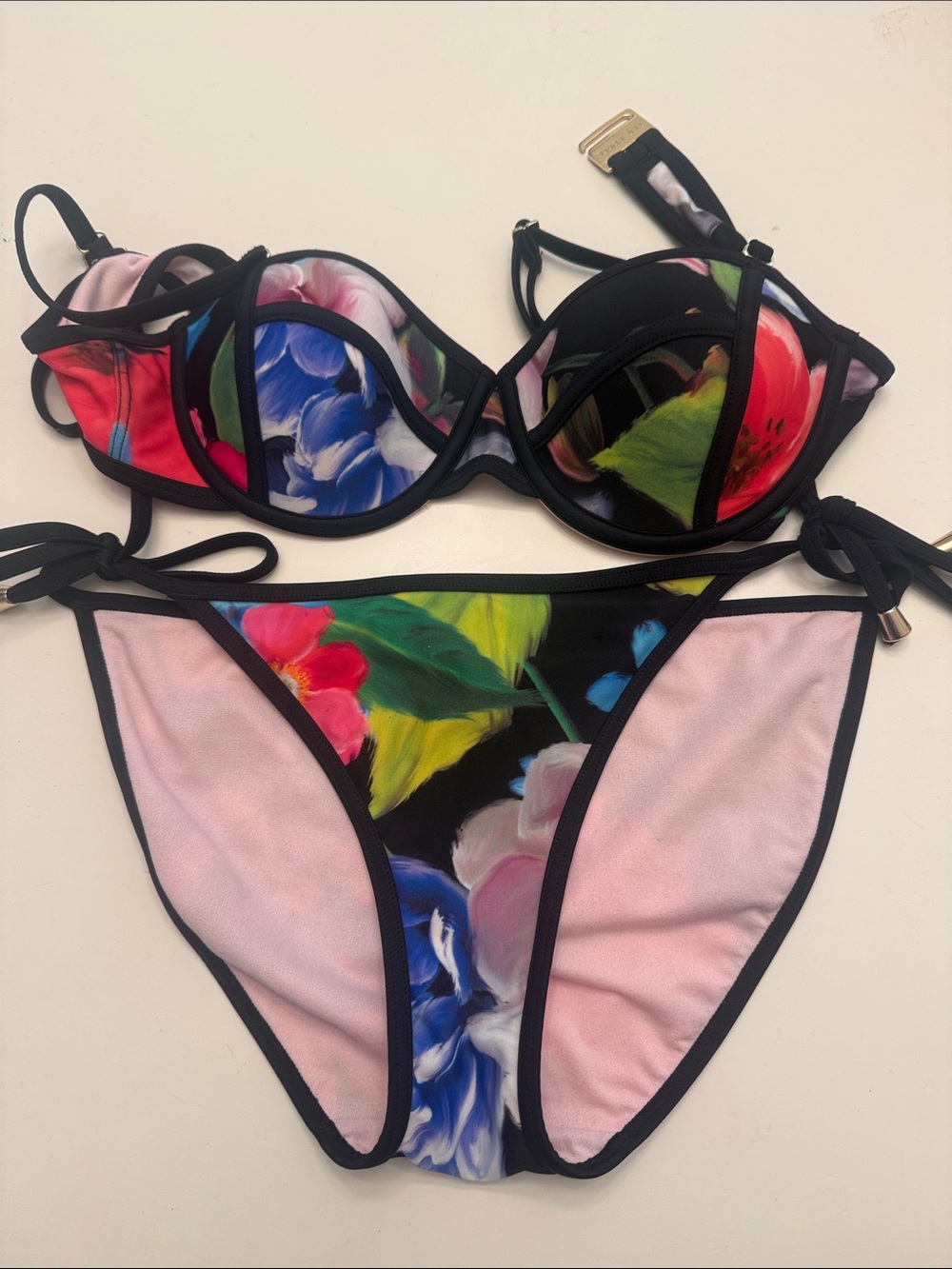 Ted Baker Pink and Black Floral-Trim Bikini with Gold Accent
